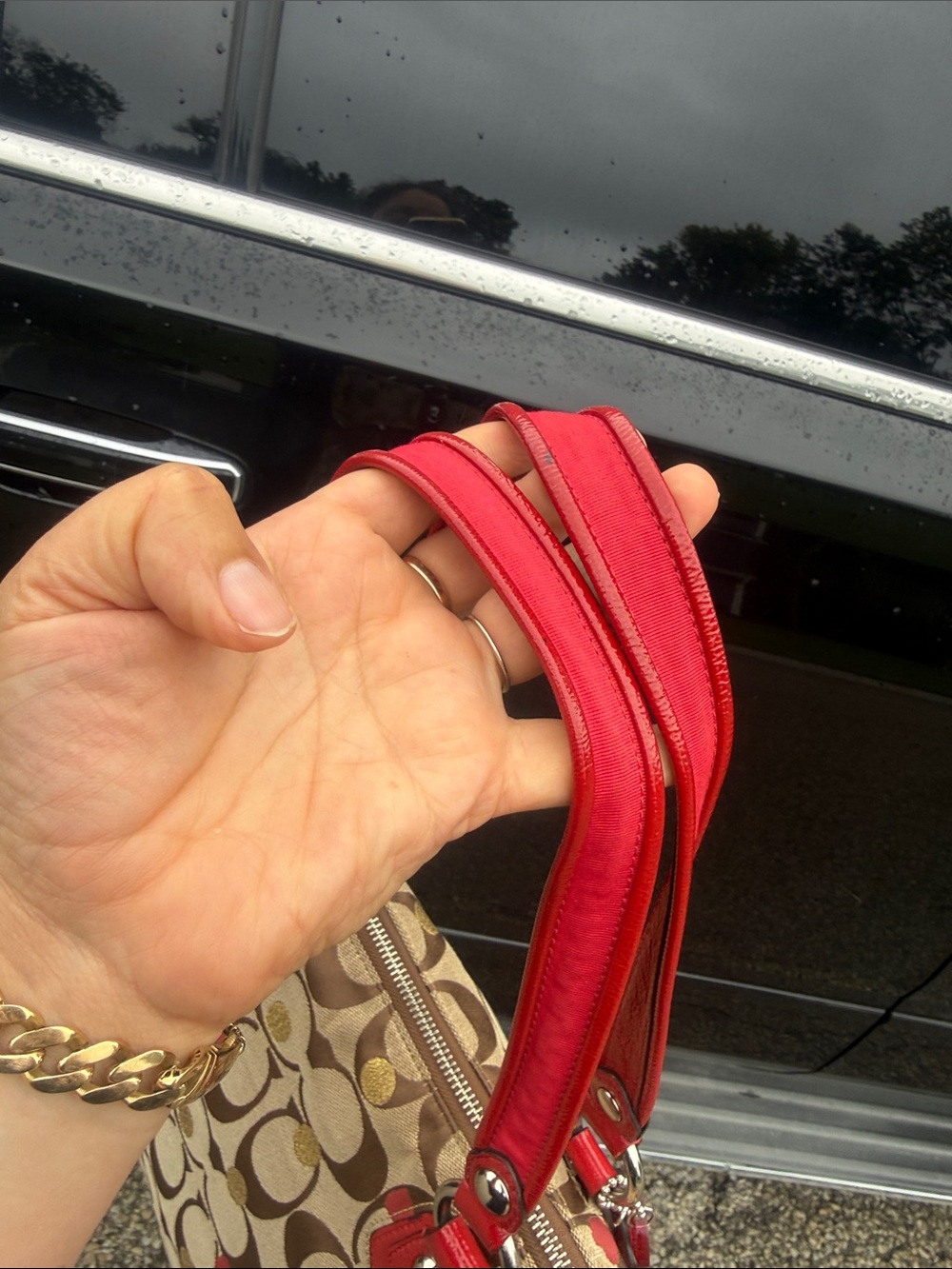🌺❤️Coach Poppy Glam Tote 16289 Hearts Gold Dot Signature Canvas Red Leather Y2K🤎 - Picture 9 of 15